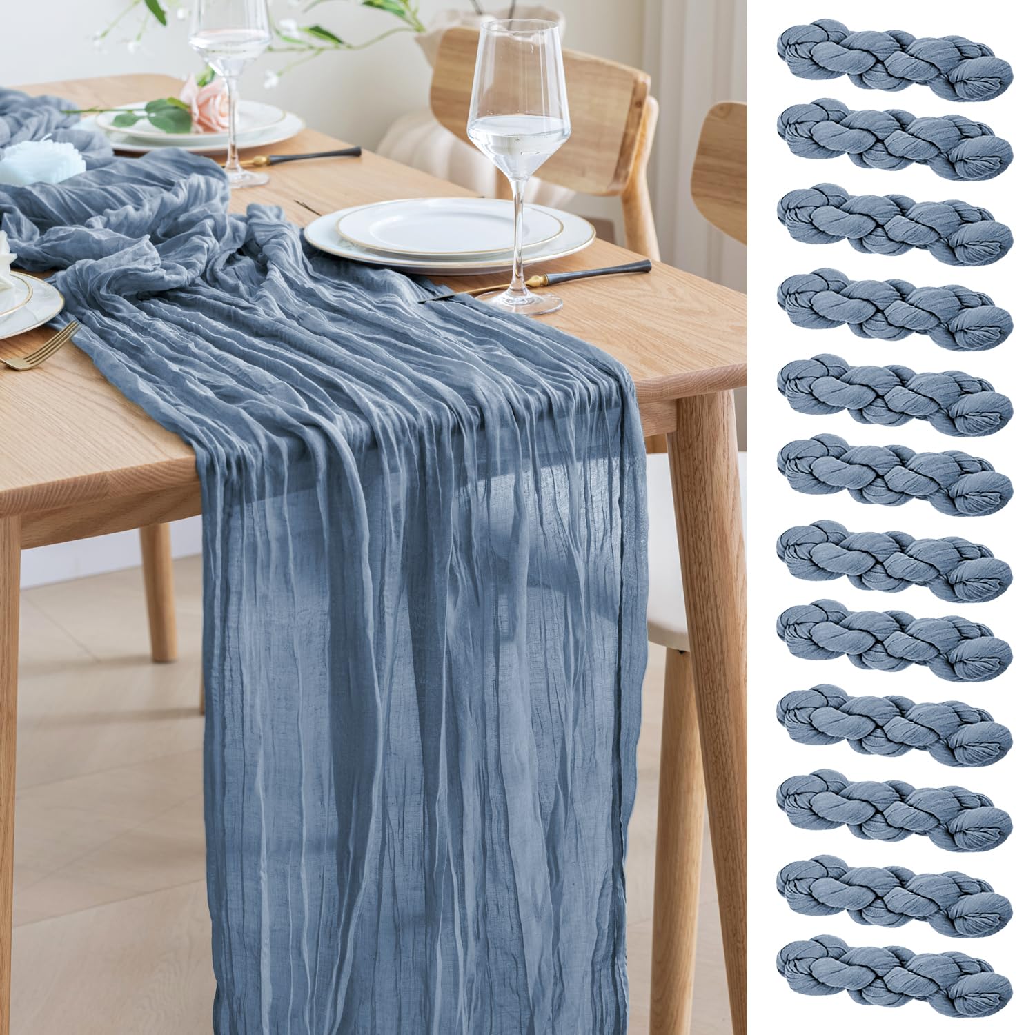 Photo 1 of Asee'm 12pcs Cheesecloth Table Runner 120 Inches Long Dusty Blue Boho Gauze Cheese Cloth Runner 10FT Rustic Sheer Table Runners for Christmas Wedding Party Baby Shower Spring Easter Decoration