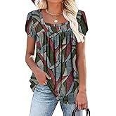 BETTE BOUTIK Womens Summer Tops Short Sleeve Pleated Square Neck Tunics Shirts Blouses S-3XL