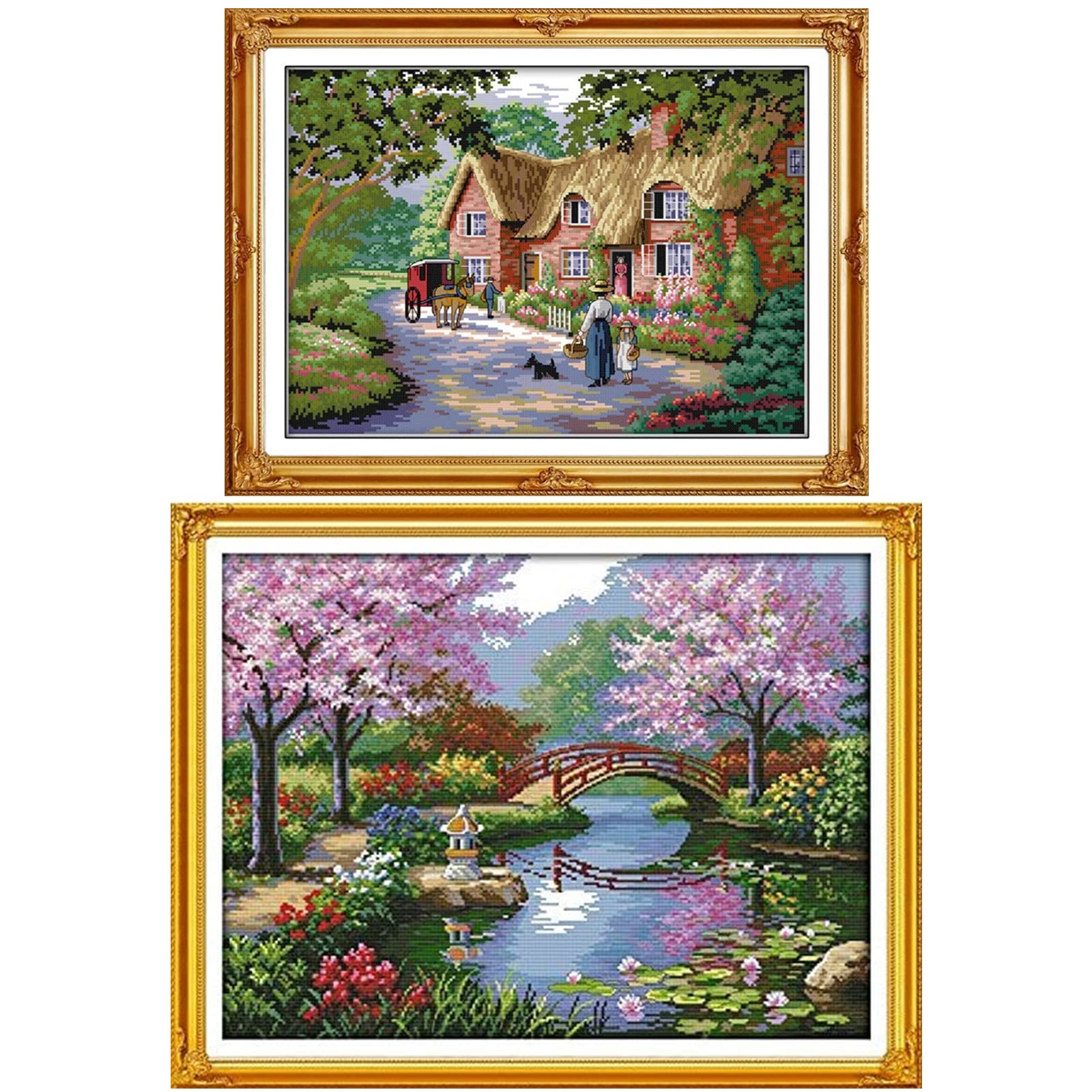 VEGCOO 2 Packs Embroidery Cross Stitch Kits for Adults Beginners, Park Scenery & Dreamy Cottage Pre Printed Embroidery Cross Stitch Kit 11CT Needlework Kit DIY Artwork for Adults Home Decor or Gifts