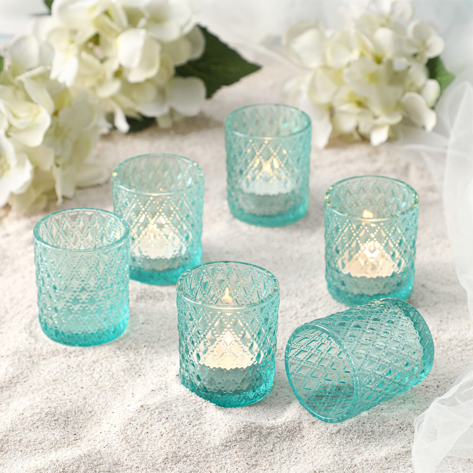 12 Pcs Votive Candle Holders, Tea Light Candle Holders for Table Centerpiece, Glass Candle Holder Set Wedding Centerpieces & Christmas Centerpieces for Table Home Decor (Blue)