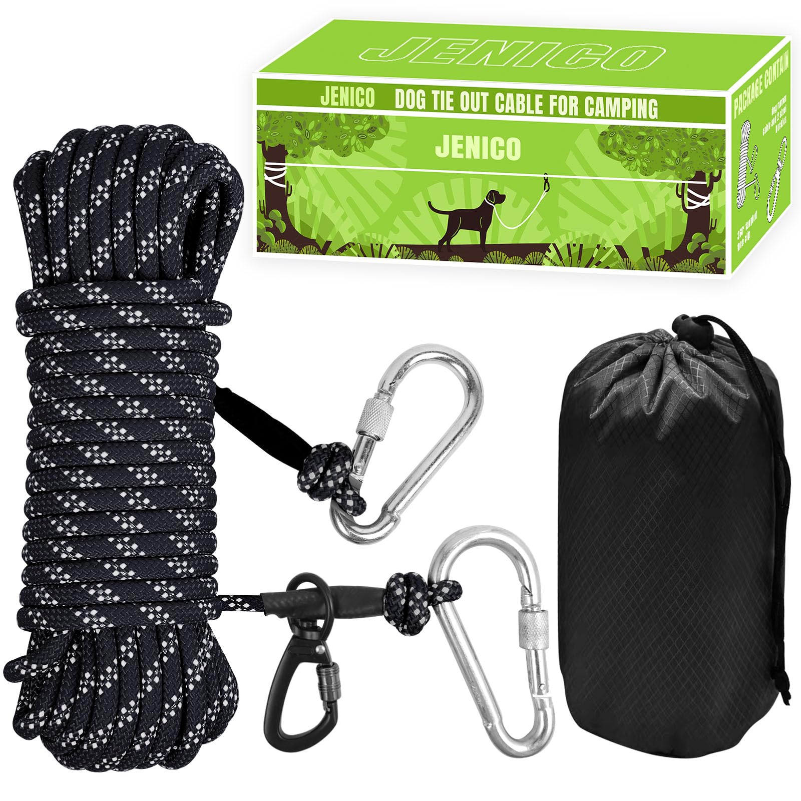 Dog Tie Out Cable for Camping - 50ft/70ft/100ft Portable Reflective Overhead Trolley System for Dogs up to 300lbs - Dog Lead for Yard Camping | Parks | Outdoor Events（Black） Image