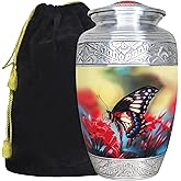 M MEILINXU Funeral Urn for Ashes for Women & Man, Cremation Urns for Human Ashes Adult Female & Male, Butterflies Decorative, Burial Cremation Container, Red Flower and Butterfly Urn - Large Full Size