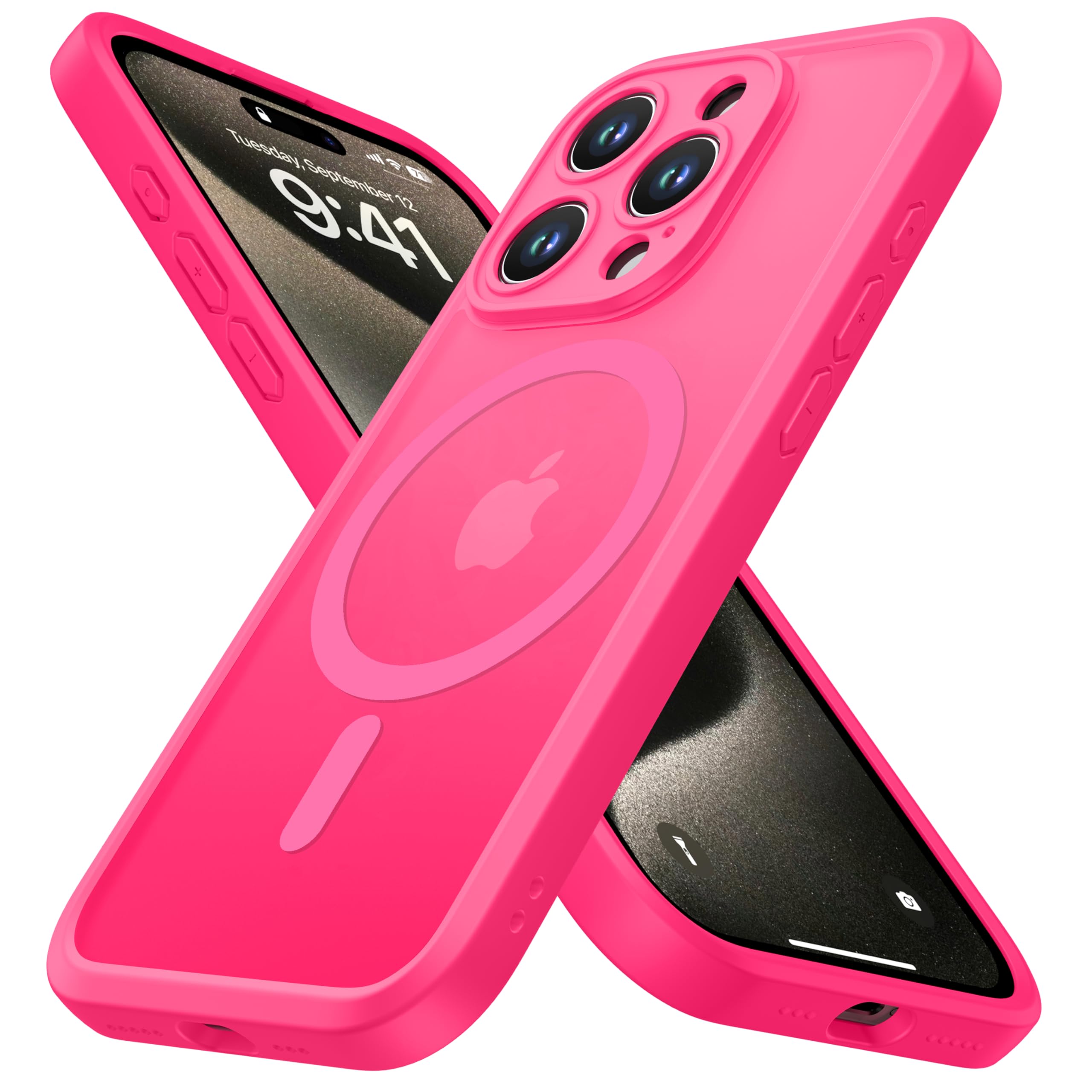 Photo 1 of ***(HEAVILY USED/ MINOR DAMAGE)***ImpactStrong Magnetic Guard Designed for iPhone 15 Pro Max Case [Camera Protection] [Military Grade Drop Tested] [Compatible with MagSafe] Slim Translucent Matte Phone Case (6.7") - Hot Pink