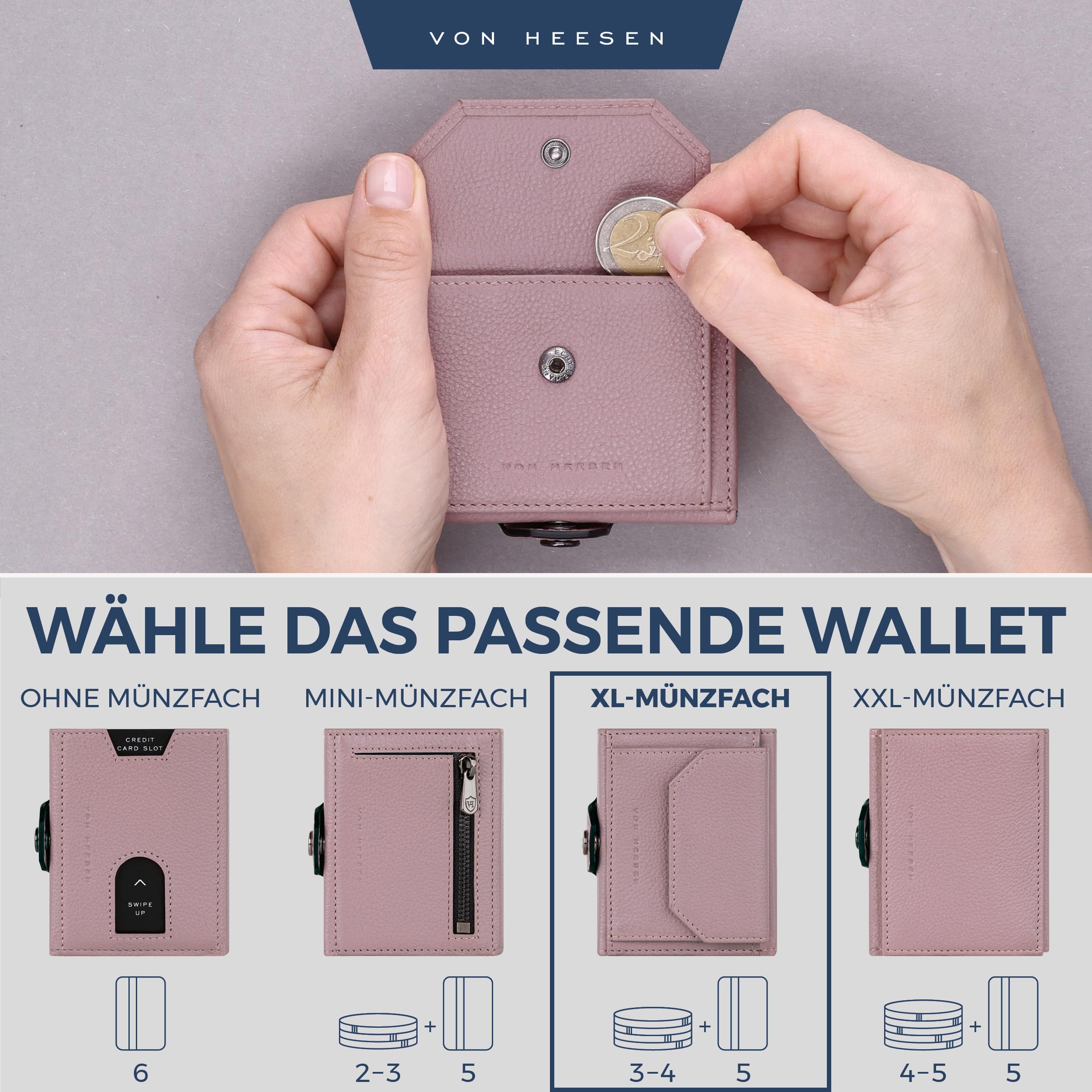 VON HEESEN Slim Wallet mit XL Münzfach & RFID Schutz - Leder Geldbörse Herren klein - Mini Geldbeutel Damen Portmonee - Kartenetui Echtleder Karten Portemonnaie - Kreditkartenetui Lavendel 6
