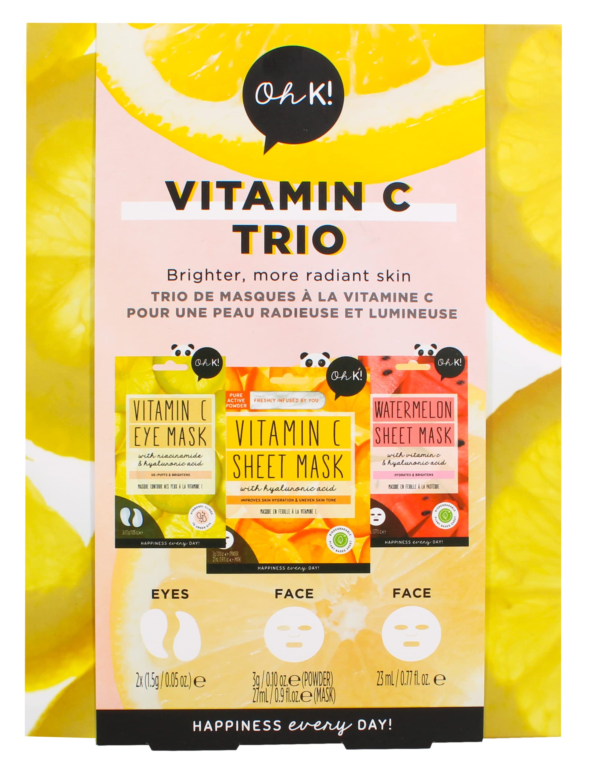 Oh K! Vitamin C Trio, Vegan and Cruelty Free Pamper Gift Set with Face Masks and Eye Mask, for Brightening and Evening Skin Tone, Watermelon and Vitamin C, 3 Piece