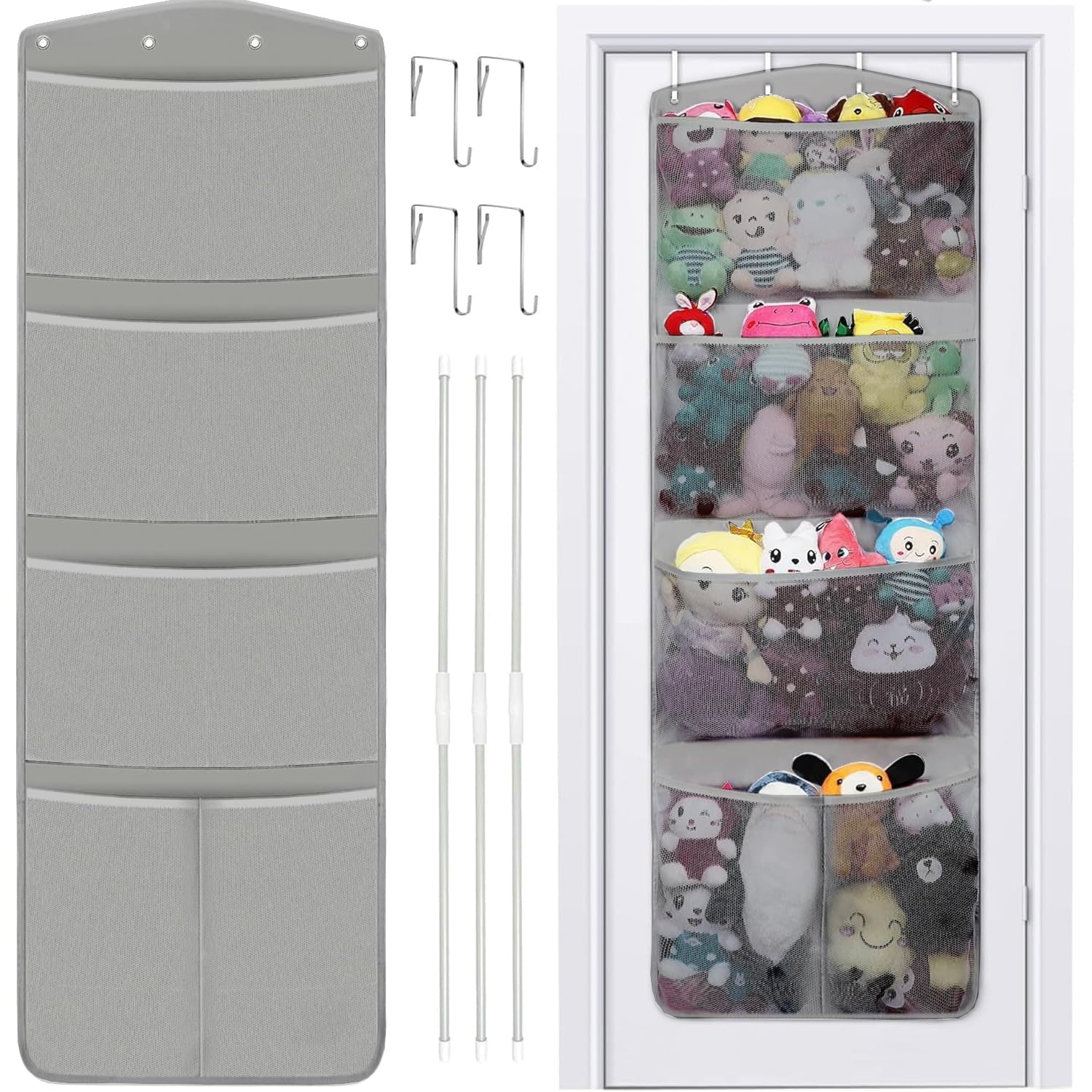 Stuffed Animal Storage, with 3 Large Pockets and 2 Medium Pockets, Over The Door Organizer Storage for Closet, Baby, Plush Toy, Hanging Door Organizer for Nursery, Bedroom, Bathroom, Kids Room （Grey)