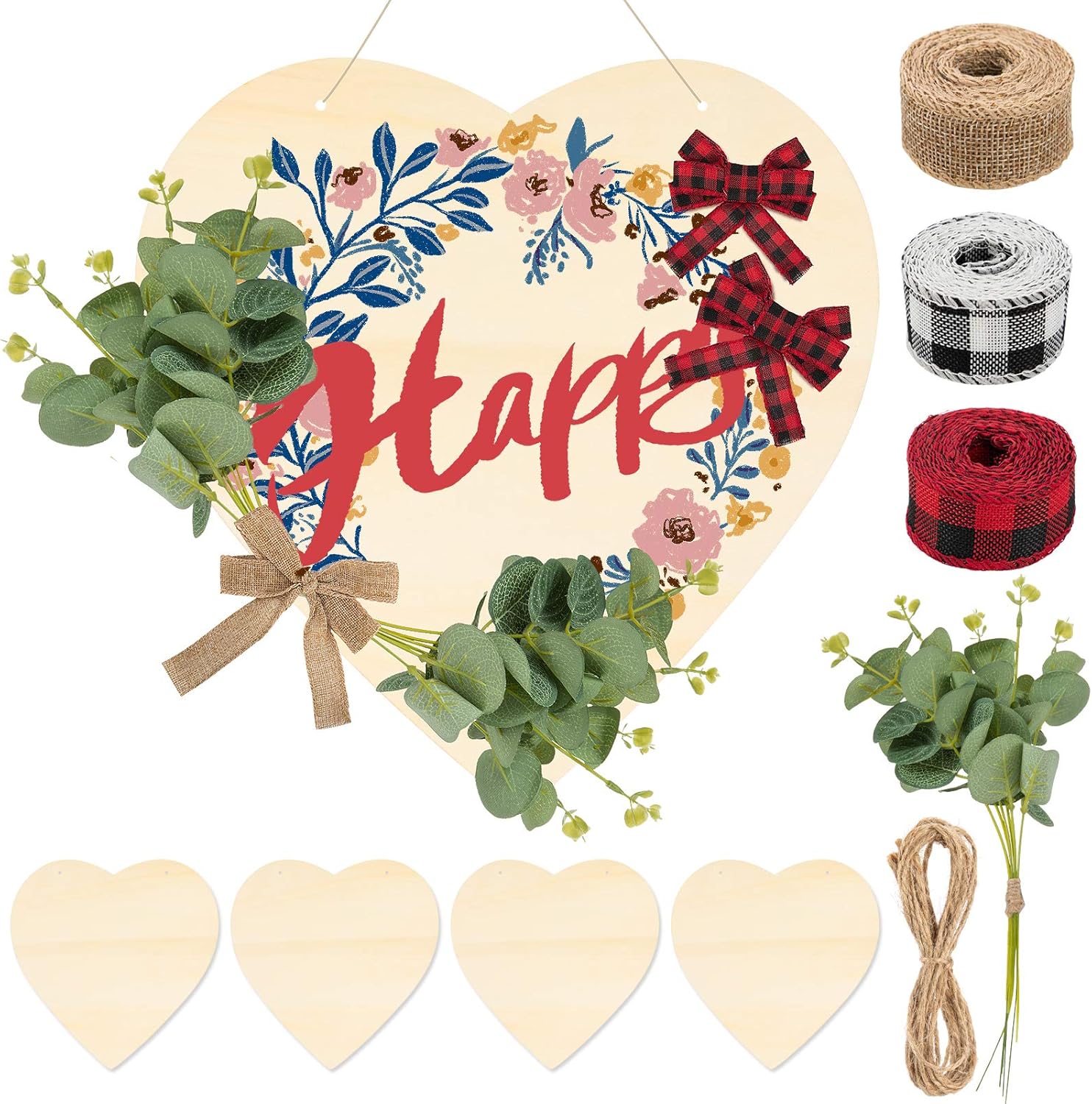 Set of 4 Hanging Unfinished Wooden Sign- 4 Blank Welcome Heart Slices with Twine + 3 Ribbon + 10 Artificial Eucalyptus Rustic Front Porch Door Decor for DIY Crafts Welcome Home Sign (Heart)