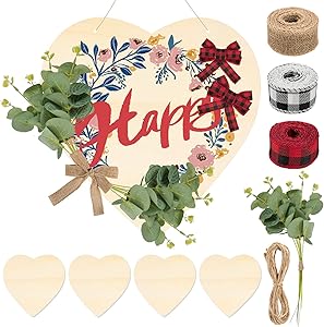 Set of 4 Hanging Unfinished Wooden Sign- 4 Blank Welcome Heart Slices with Twine + 3 Ribbon + 10 Artificial Eucalyptus Rustic Front Porch Door Decor for DIY Crafts Welcome Home Sign (Heart)