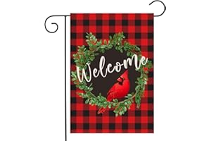 DAZONGE Cardinal Christmas Garden Flag 12.5 x 18 Inch | Outdoor Christmas Decorations Wreath Welcome Garden Flag | Buffalo Check Plaid Winter Yard Flag Double Sided | Holiday Outdoor Flags
