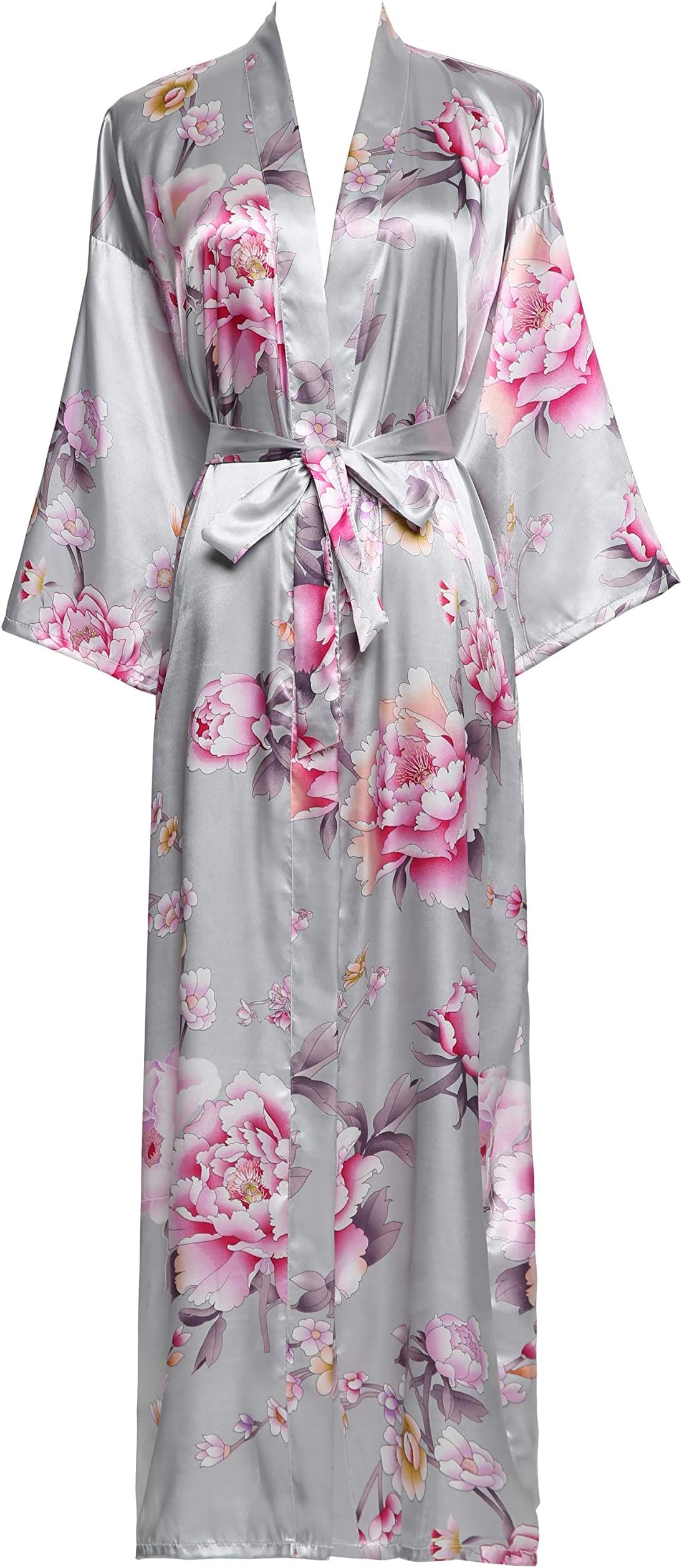 Owiter Peony Women 's Long Kimono Robe Floral Bridesmaid Robe,Bridal Robe (Grey)