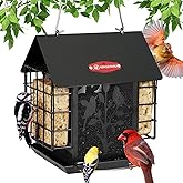 Kingsyard Metal Bird Feeder for Outdoor Hanging, Wild Bird Feeder with Double Suet Cage, Weatherproof Roof and 3 lbs Large Seed Capacity, Black
