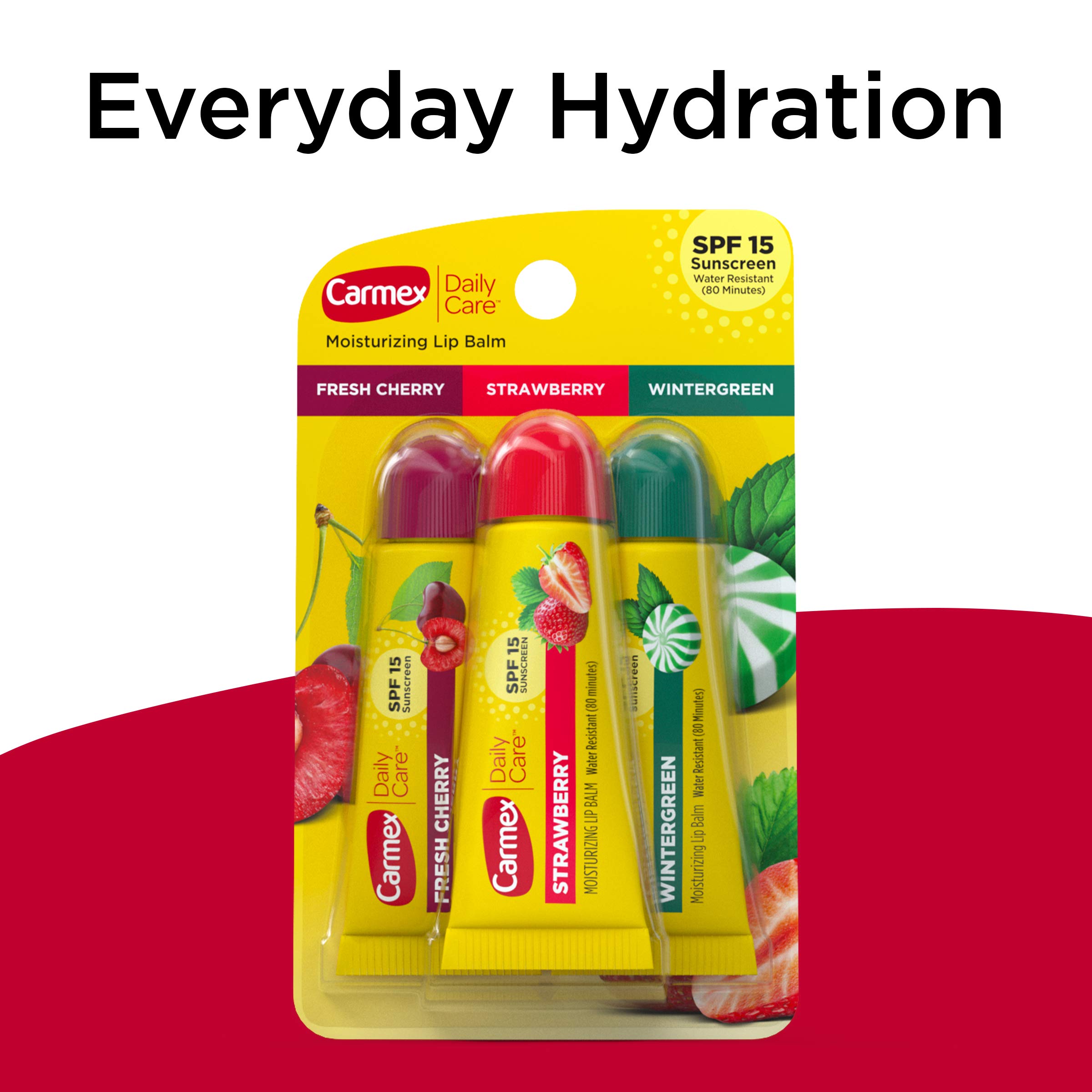 Carmex Daily Care Moisturizing Lip Balm Tubes with SPF, Fresh Cherry, Strawberry and Wintergreen Lip Balm Pack, 0.35 OZ - 4 Count (Pack of 2)