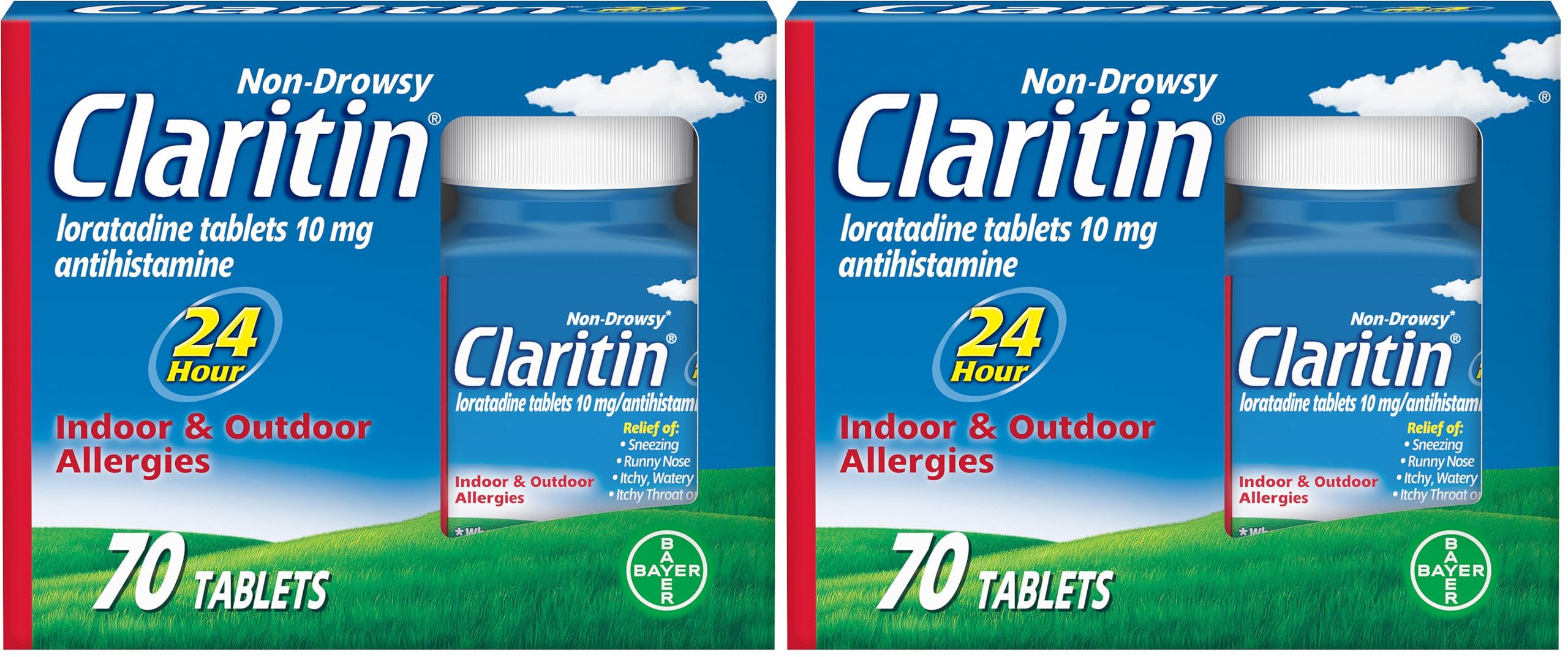 Claritin 24 Hour Allergy Medicine, Non-Drowsy Prescription Strength Allergy Relief, Loratadine Antihistamine Tablets, 70 Count (Pack of 2)