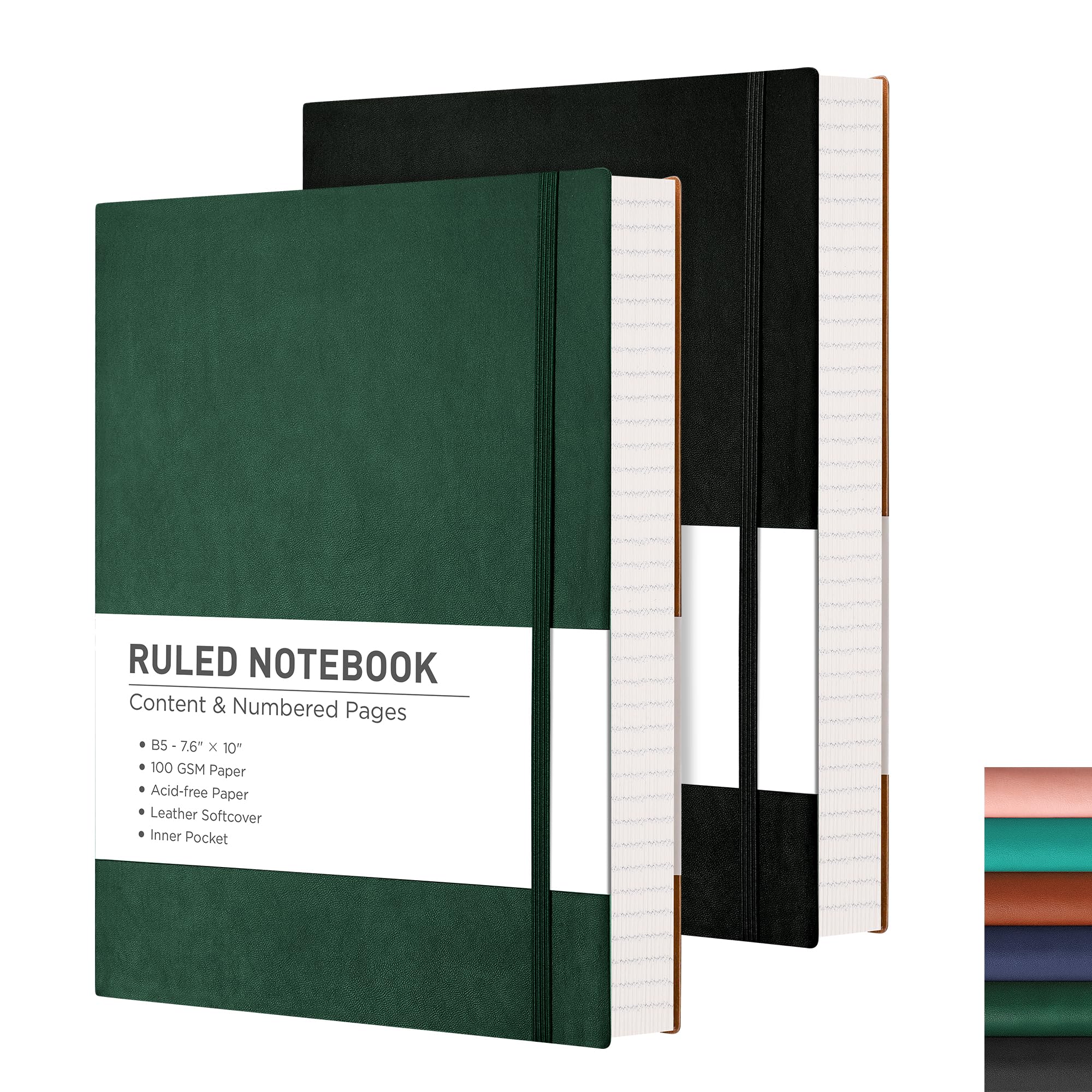 RETTACY B5 College Ruled Notebook 2 Pack - Softcover Composition Notebooks 408 Numbered Pages for Writing, 100gsm Lined Paper, for Women Men Work School, 19 x 25 cm - Black Green