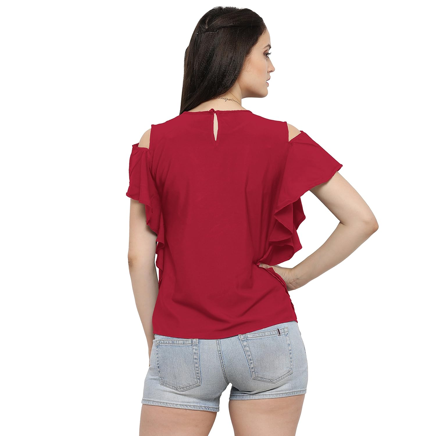 serein women's top (wine crepe top with cold shoulder and ruffles)