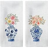Tzhim Blue and White Porcelain Kitchen Towels, Watercolor Floral Chinese Vase Hand Towels, Vintage Preppy Dish Towels Dishcloths Tea Towels for Kitchen, Chinoiserie Bathroom Decor Set of 2, 16x24in