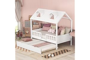 MERITLINE Twin House Bed with Trundle, Wooden Platform Bed Frame with Roof, for Kids Teens Girls Boys - White