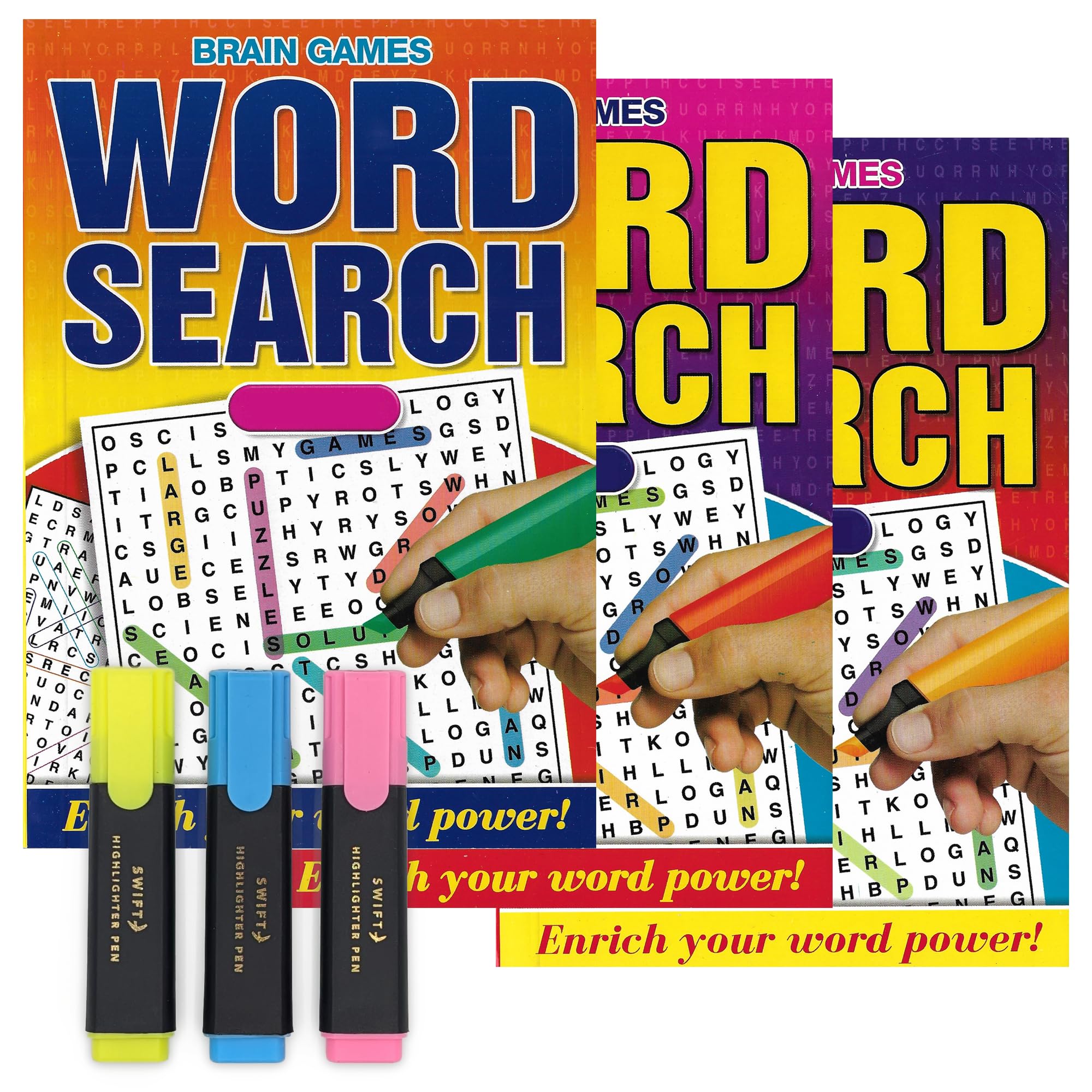 ihoot A5 Word Search Books for Adults and Highlighters Bundle | 3x Wordsearch Puzzle Books for Adults with 3x Highlighter Pens | Adult Activity Book, Brain Teasers - 130+ Puzzles Per Book