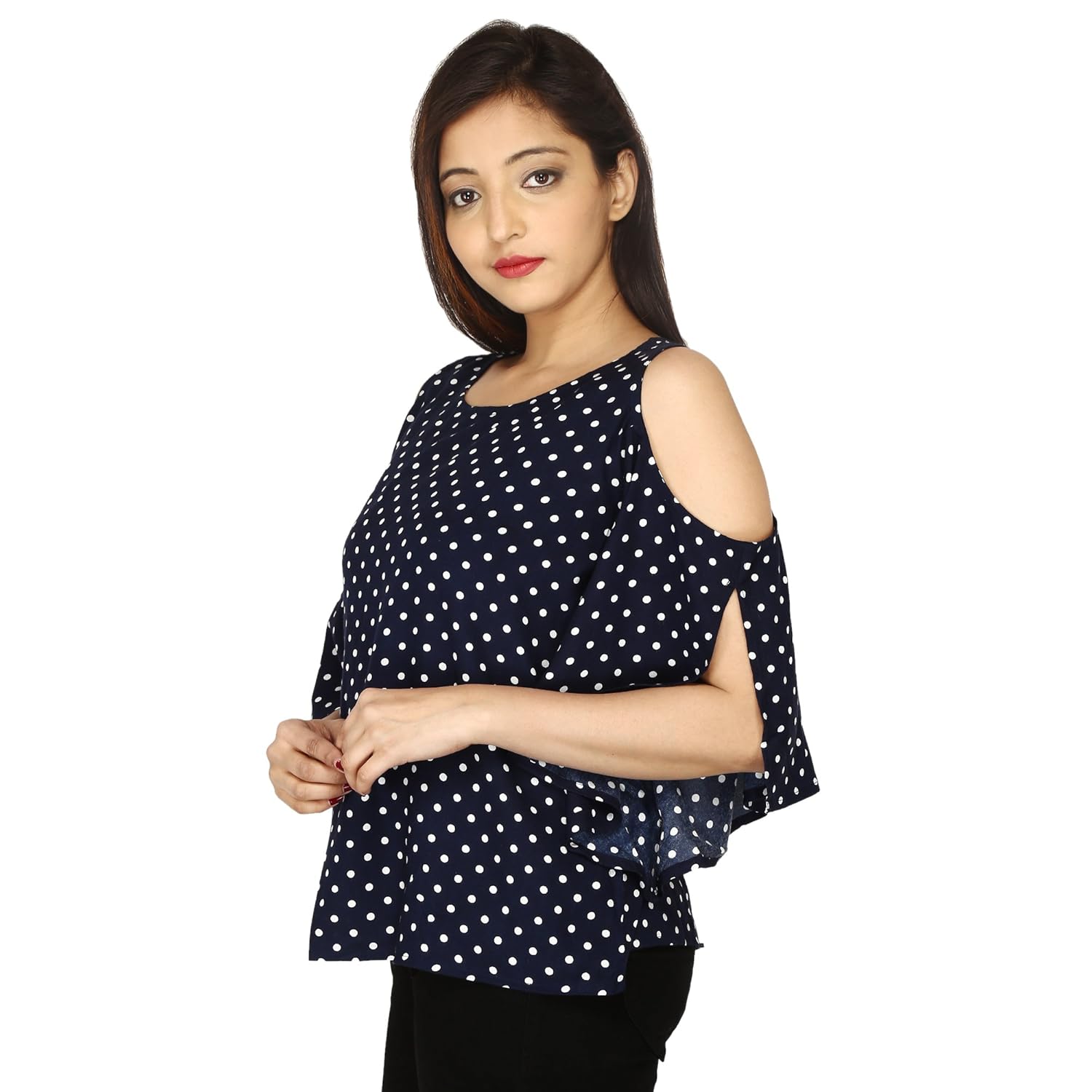 amayra women's navy blue printed cold shoulder long sleeves polka dotes top