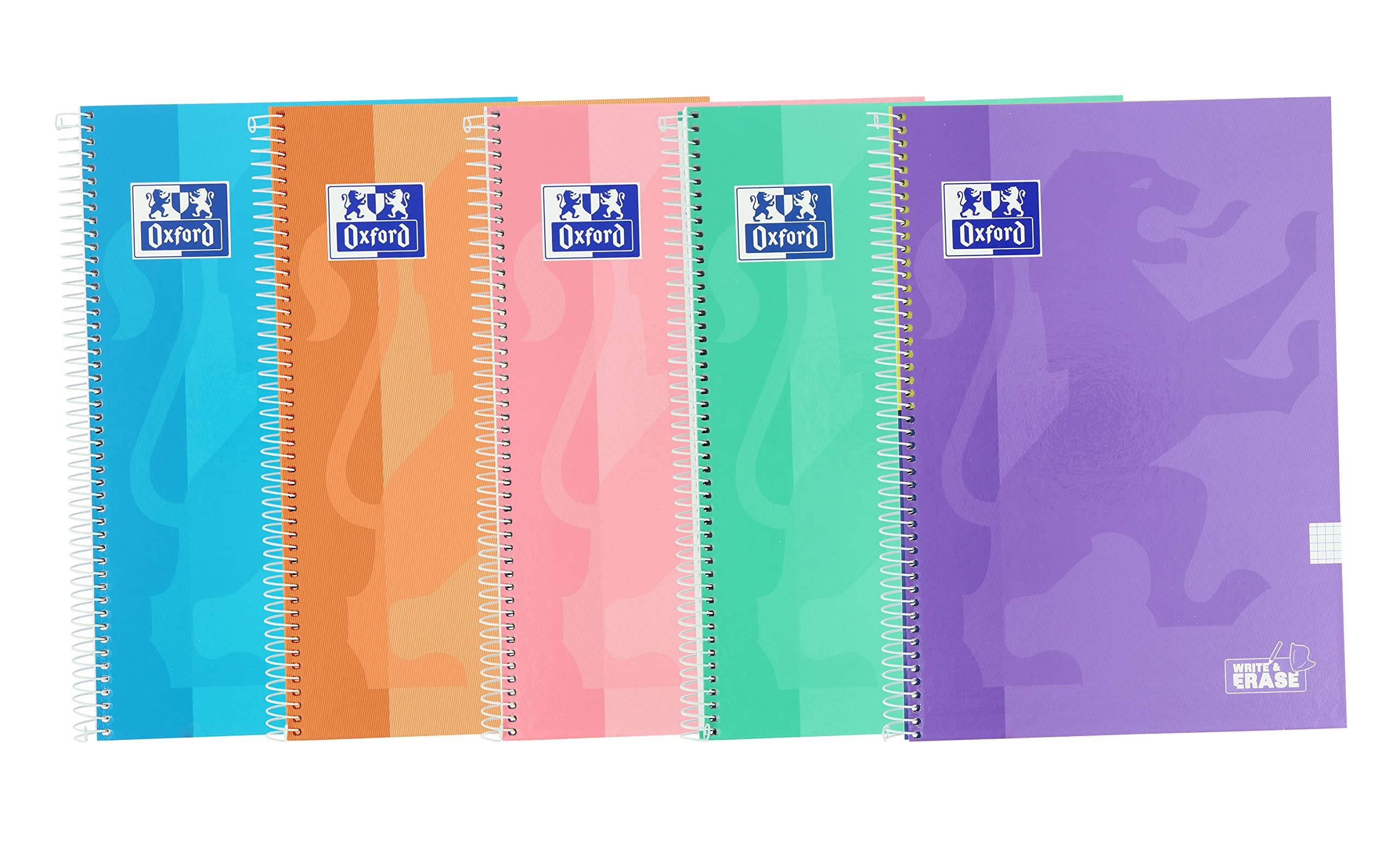 Oxford SCHOOL CLASSIC WRITE&ERASE PACK 5 Fº Spiral Notebook Extra Hard Cover 4 x 4 with Margin 80 Sheets Pastel Colours