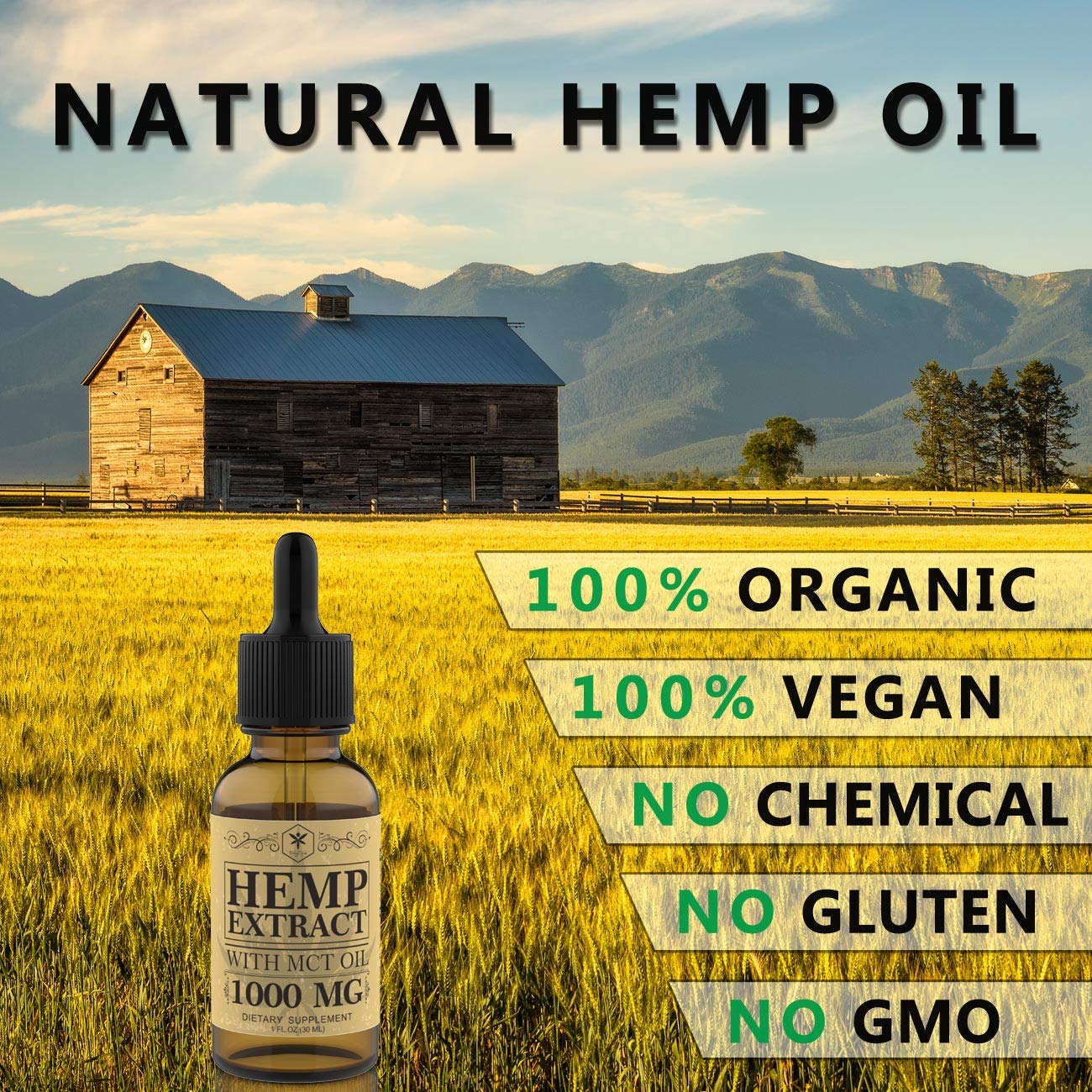 Hemp Oil Tincture 1000mg for Pain Relief, Stress and Anxiety Relief, Better Sleep - Organic Hemp Extract, 100% Natural Hemp Oil Extract with MCT Oil - Made in USA
