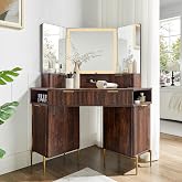 T4TREAM 48" Corner Makeup Vanity with Lighted Triple Mirror, Dark Walnut | Modern, Fluted Vanity, Glass Top, 3 Drawers, 2 Cabinets, Organized Bedroom Storage