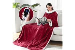 Sealy Electric Blanket Wearable with Foot Pocket, Electric Snuggle Blanket with Sleeves, Flannel & Sherpa Heating Throw with 6 Heat Settings & 2-10 Hours Auto Shut Off, 50 * 70"+18", Red