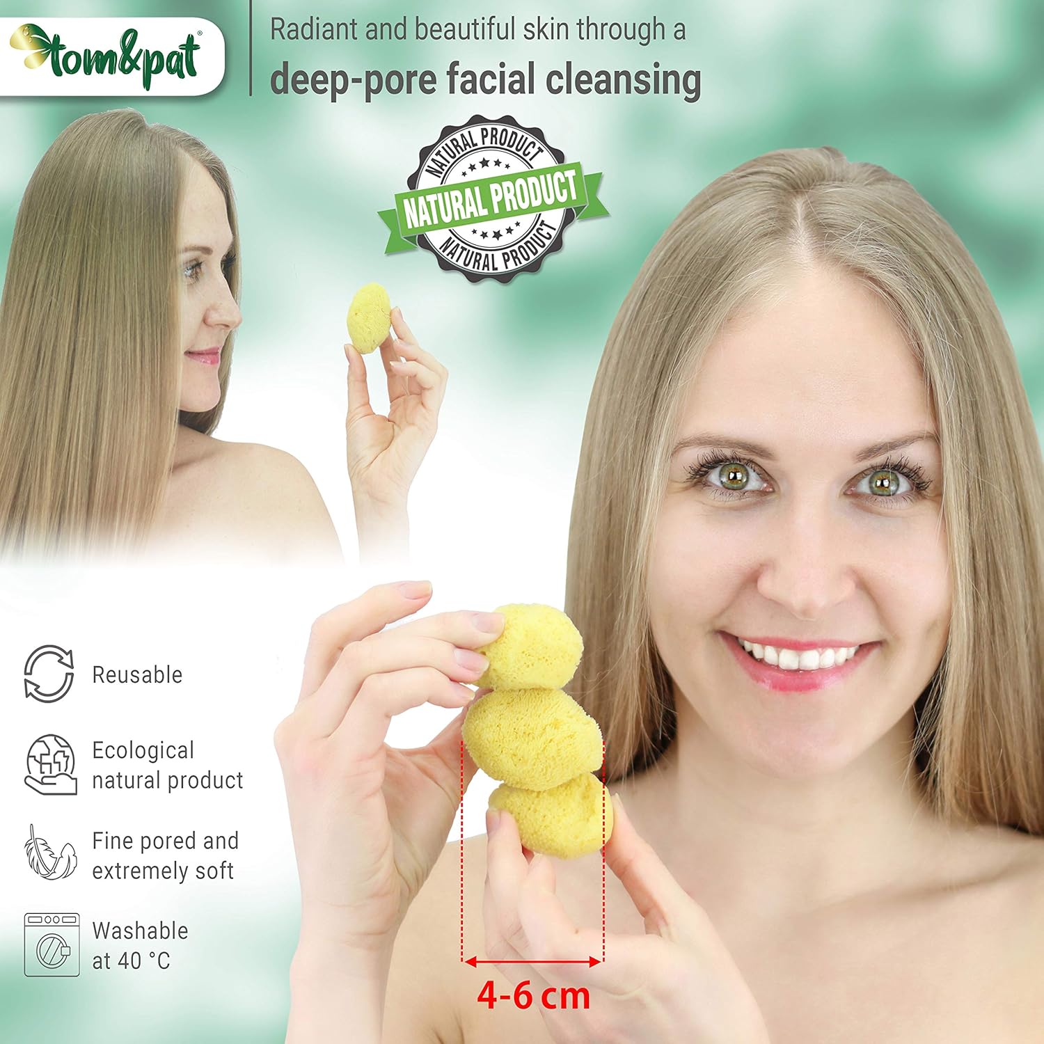tom&pat® Natural Cosmetic Sponge • Makeup Sponge & Makeup Remover 2-in-1 • Dermatest Excellent • Plastic-free and Reusable • Mediterranean Quality Greece (3 x 4-6 cm) - Image 3