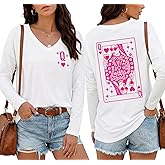 Queen of Hearts Shirt for Women Funny Vintage Womens V Neck Long Sleeve Cute Lady Graphic Tee Tops