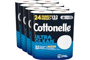 Cottonelle Ultra Clean Toilet Paper with Active CleaningRipples, 1- Ply, 6 Count (Pack of 4), (24 Family Mega Rolls= 132 Regular Rolls), 388 Sheets per Roll, Packaging May Vary