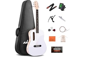 ADM Acoustic Guitar Kits for Beginners Adults - 38" Steel-String Guitars Bundle with Online Lesson Wooden Bowl Guitarra Starter Set Package with Bag, Strap, Picks, Capos, Kazoo, White