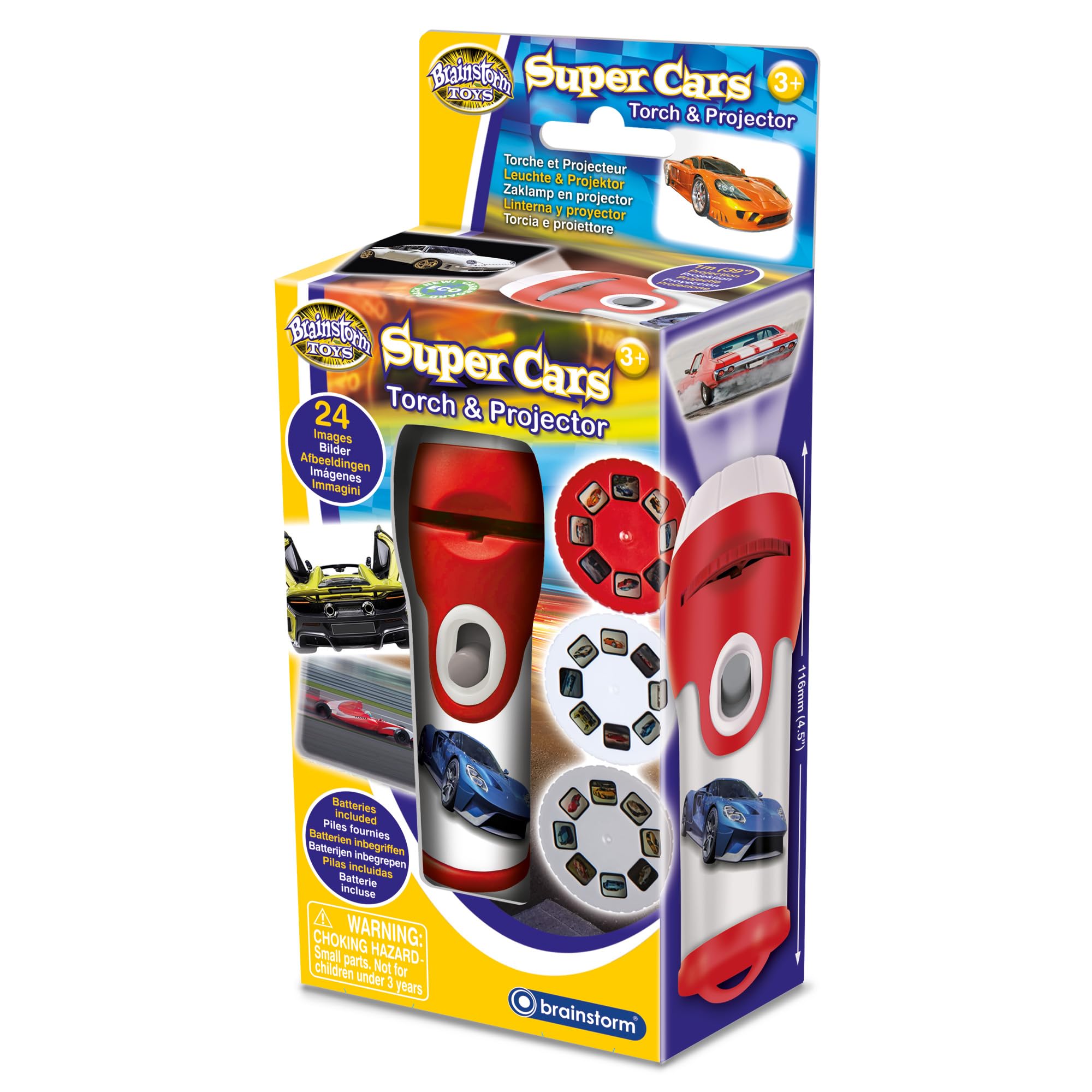 Brainstorm Toys Super Cars Stem Torch and Projector – 24 Car Images, Projects Clear Pictures up to 1 Metre Wide, Interactive Educational Kids Flashlight Toy