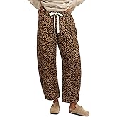 GRAPENT Barrel Jeans for Women Trendy High Waisted Pull On Wide Leg Cropped Leopard Cheetah Print Stretchy Denim Pants