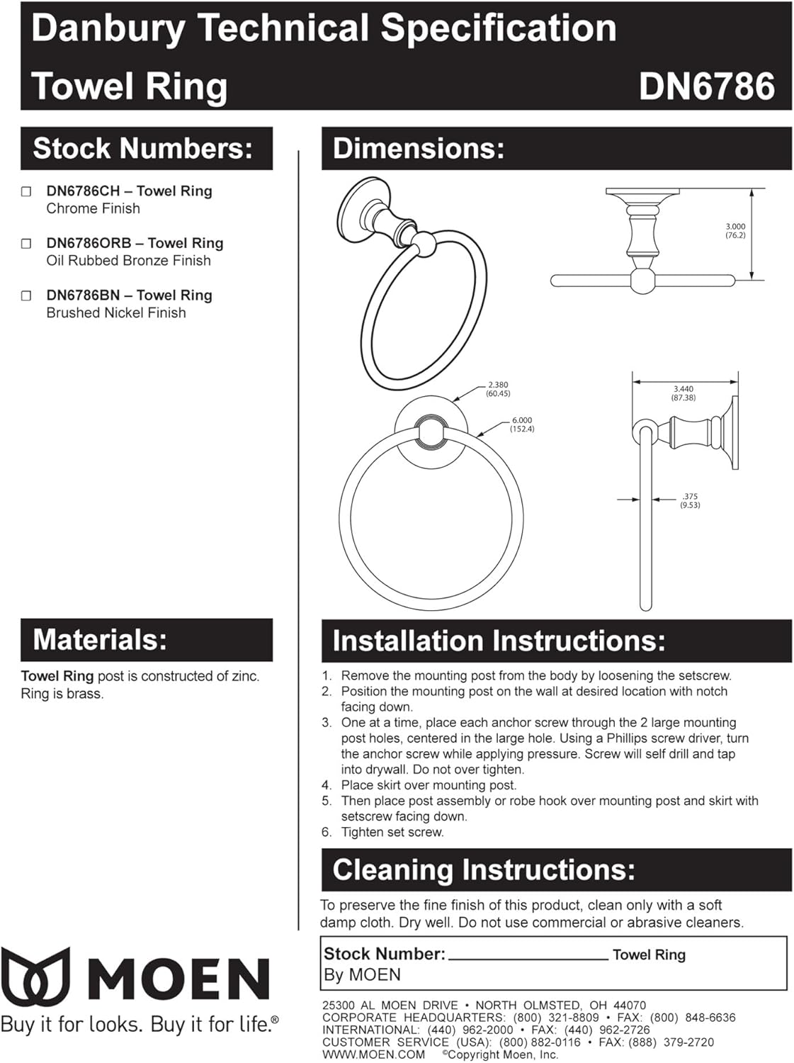 Moen DN6786BN Danbury Collection European Single Post Bathroom Hand Towel Ring, Brushed Nickel - Moen Bathroom Hardware - 