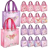 Sweetude 40 Pcs Butterfly Gift Bags Pink and Purple Reusable Totes with Handles Non Woven Butterfly Stylish Candy Bags for Birthday Party