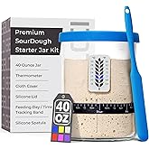 Premium Sourdough Starter Jar - 40oz Large Sourdough Jar with Marked Feeding Band, Thermometer, Scraper, Cloth Cover and Silicone Lid/Base, Wide Mouth Starter Kit - Blue