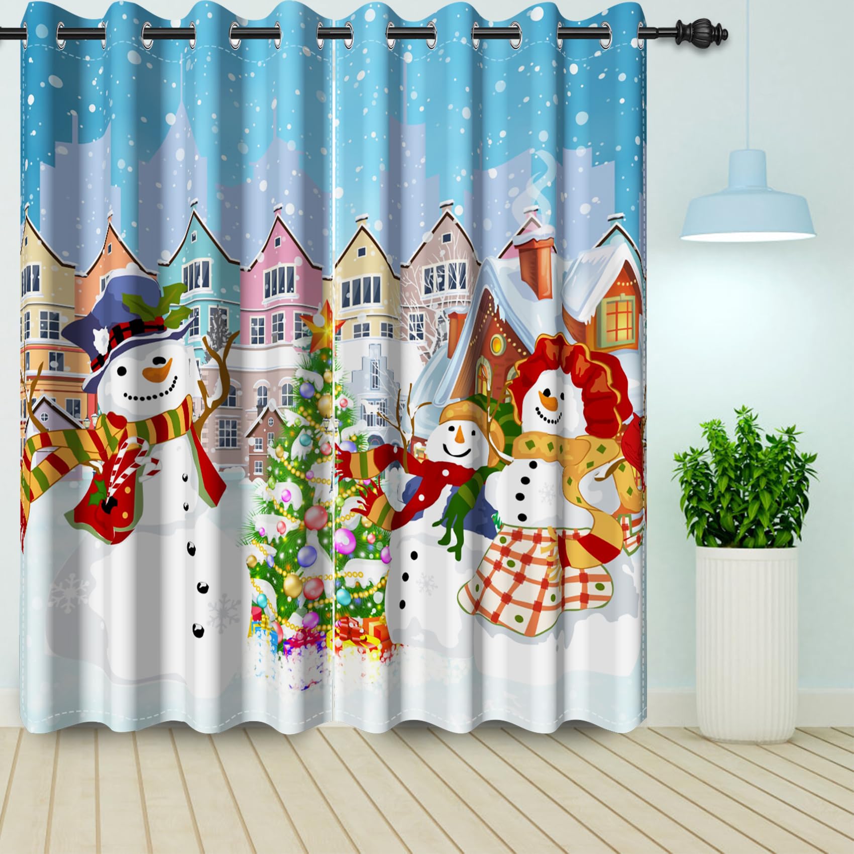 Bovlleetd Christmas Snowman Blackout Curtains Winter Season Xmas Tree Curtain for Bedroom Darkening Window Drapes Dreamy Winter Scenery Decorative Curtain 117x229cm 2 Pieces