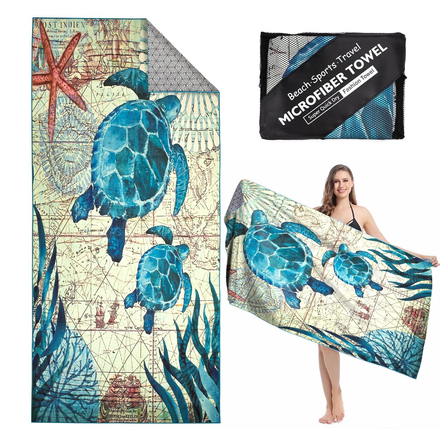 Bafiwu Microfibre Beach Towel, 71"x32" Oversized Extra Large Beach Towel for Adult, Quick Dry Sand Free Travel Pool Towel for Camping Swimming Sports Gym (turtle)