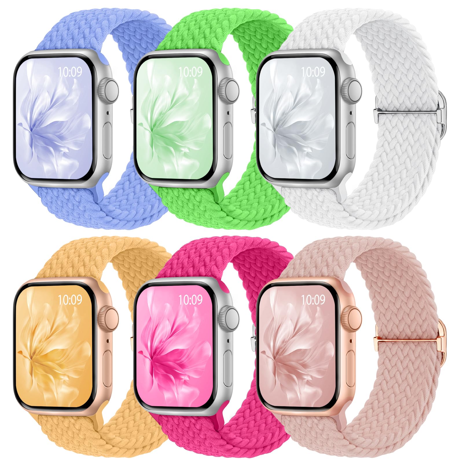 6 Pack Braided Stretchy Bands Compatible with Apple Watch Band 38mm 40mm 41mm 42mm 44mm 45mm 46mm 49mm Women Men, Adjustable Nylon Solo Loop Elastic Straps for iWatch Series 11 10 9 8 7 6 5 4 SE Ultra