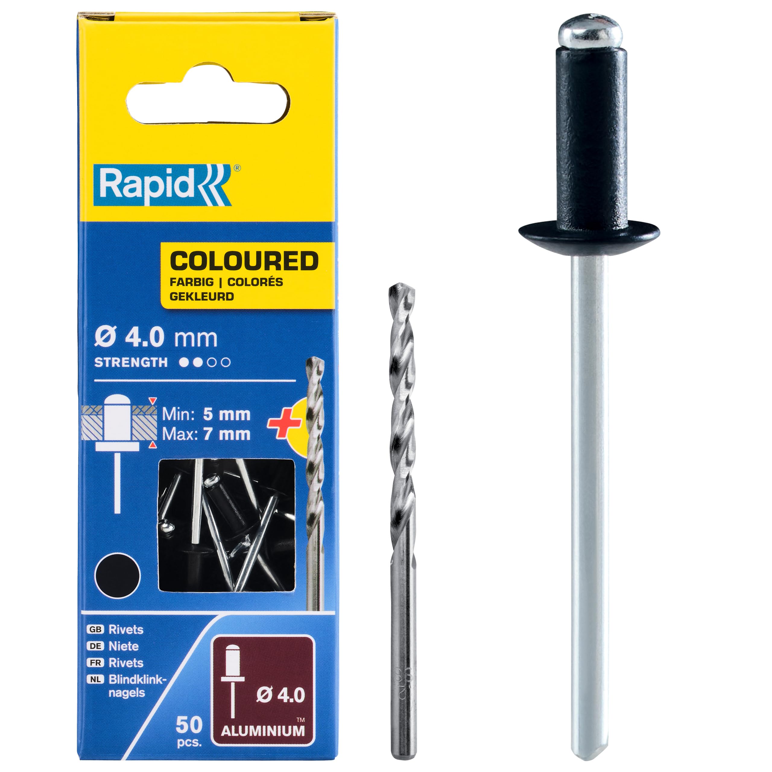 Rapid High Performance Black Aluminium Rivets, Ø4 x 10 mm - 4mm Rivets for Gutters, Piping, and Sheet Metal - Includes Drill - 50 Pieces, Carton Boxed (5001466)