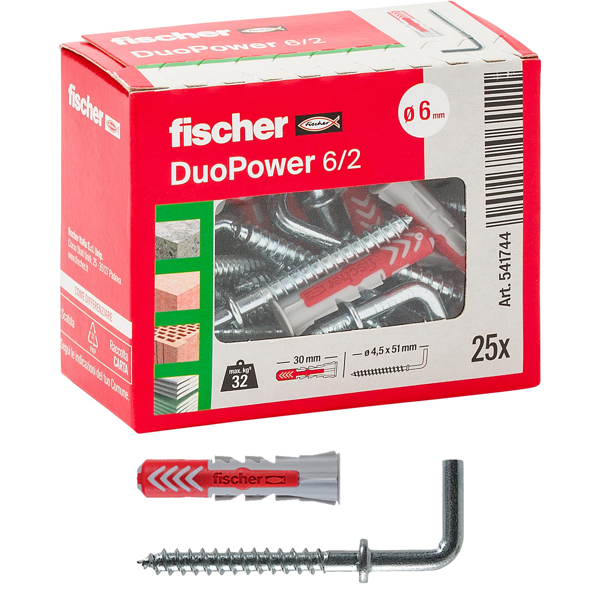 Fischer 541744 Dowel with Hook Duopower, Grey/Red, 25 pz, Set of 25 Pieces