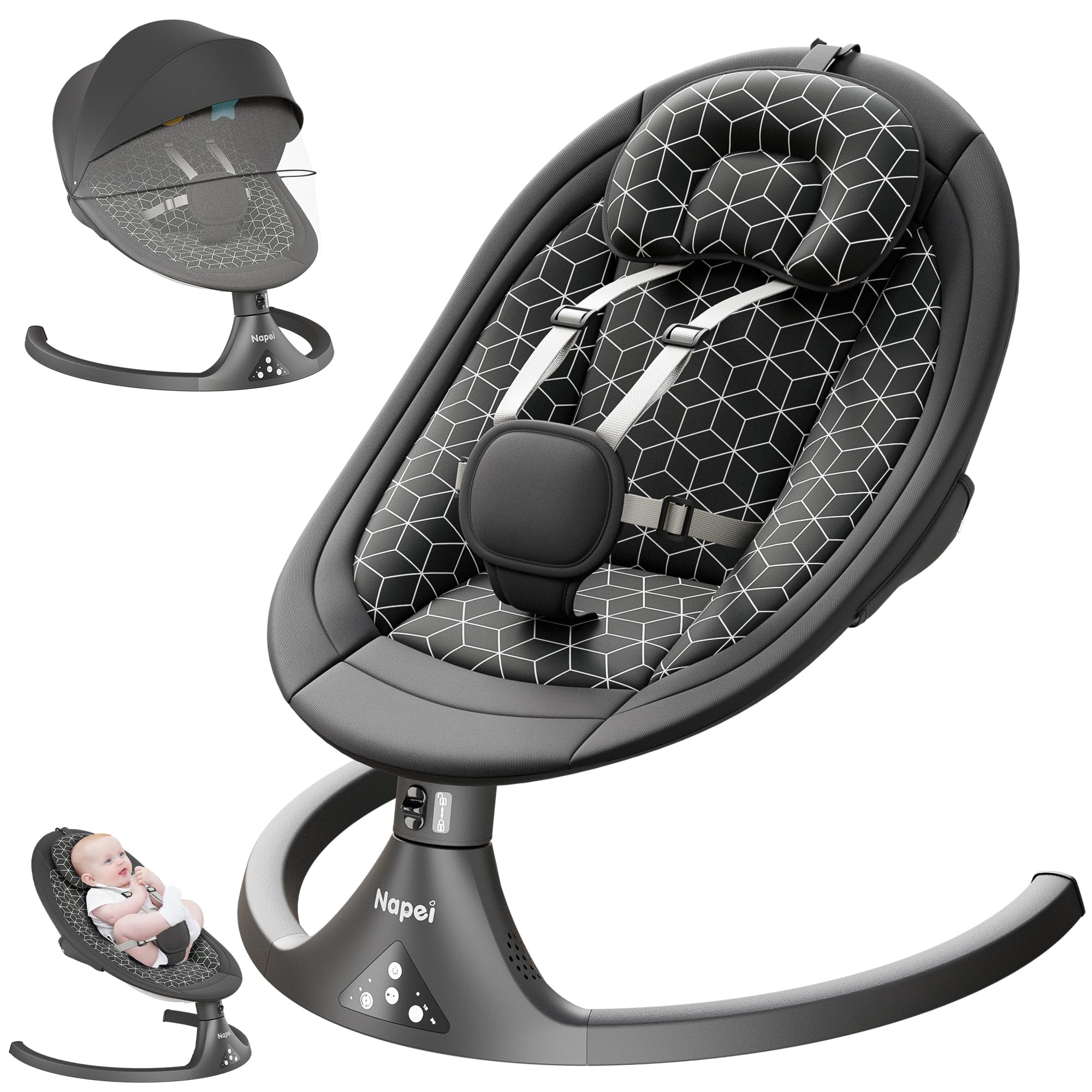 Photo 1 of Baby Swings for Infants to Toddler, Electric Baby Swing and Infant Swings for Newborn, 10 Music with Remote Control and Bluetooth, 5 Swing Angles with Gentle Speed, 2 Seat Position, 0-9 Month (Black)