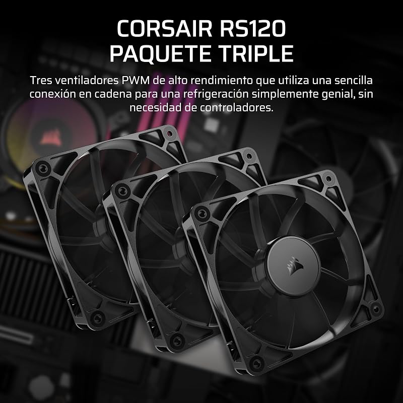 Ventiladores PWM CORSAIR RS120 120mm – Corrente Margarida – Baixo Ruído – Rolamento Dome Magnético – Pacote Triplo – Preto