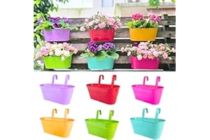 LaLaGreen Rail Planter (17 Inch, 6 Pack) Colorful Outdoor Hanging Flower Metal Planters Railing Fence Balcony Gardening for A