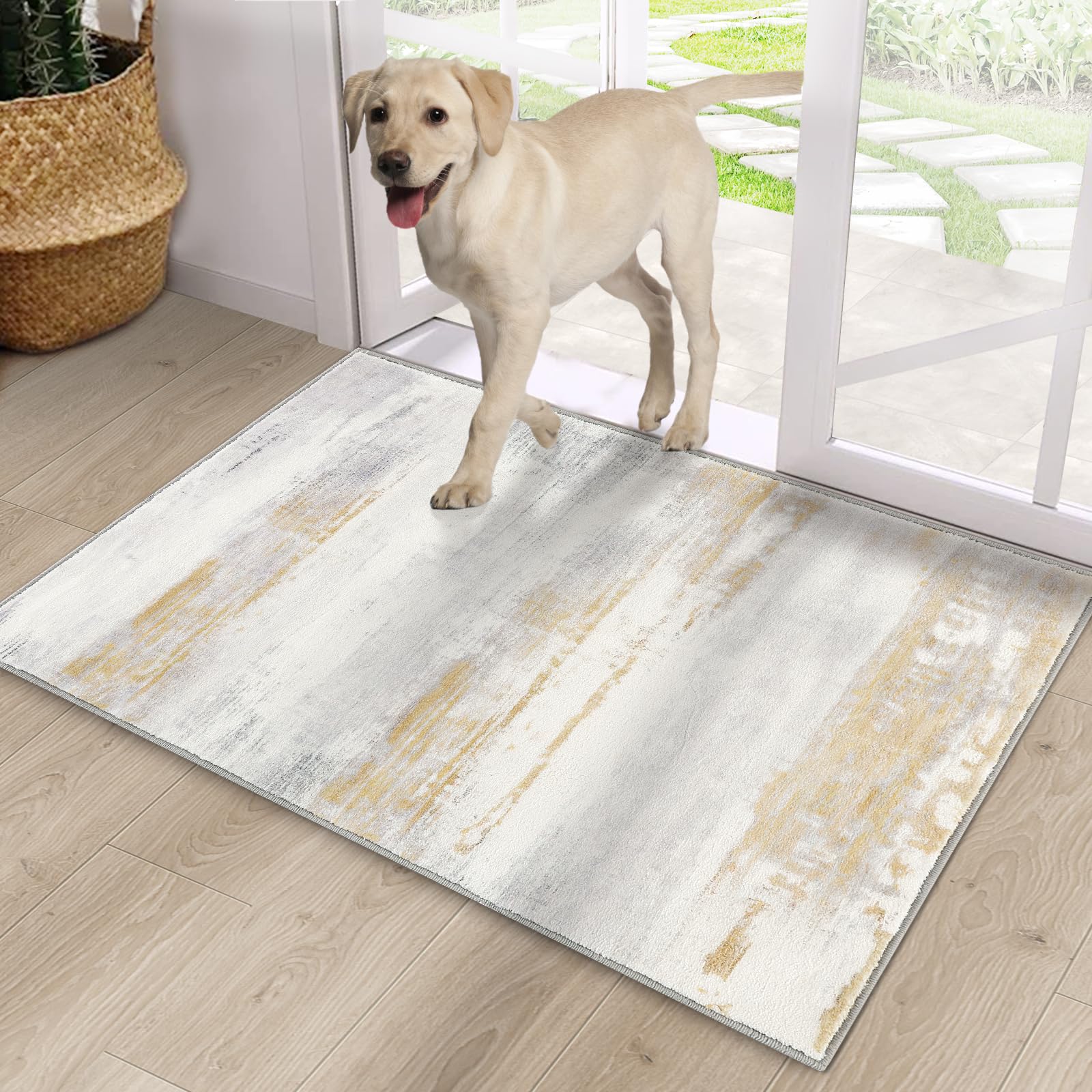 Photo 1 of Cristgee Door Mat, Front Indoor Door Mat Faux Wool Non-Slip Entryway Rug Absorbent Abstract Throw Rug for Indoor Entrance Hallway Laundry Room, High Traffic Areas, 20X32 Inches, Yellow Washable