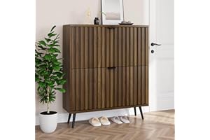 Smuxee Shoe Cabinet with 2 Flip Drawers, 31.5" Walnut Hidden Shoe Storage Cabinet with Fluted Design, Freestanding Shoe Organ