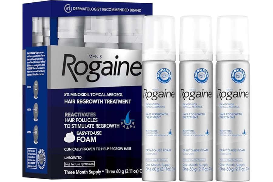 Men’s Rogaine 5% Minoxidil for Men Foam, Clinically Proven Regrowth for Thinning Hair, Topical Hair Loss Treatment, Unscented Topical Aerosol, Results in 8–16 Weeks, 3-Month Supply, 3 x 2.11 oz