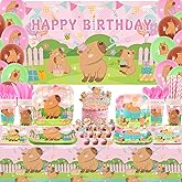 Obussgar Pink Capybara Birthday Party Decorations - Capybara Party Supplies including Backdrop, Plate, Cake Topper, Cup, Napkin, Balloon, Tablecloth - Serves 20