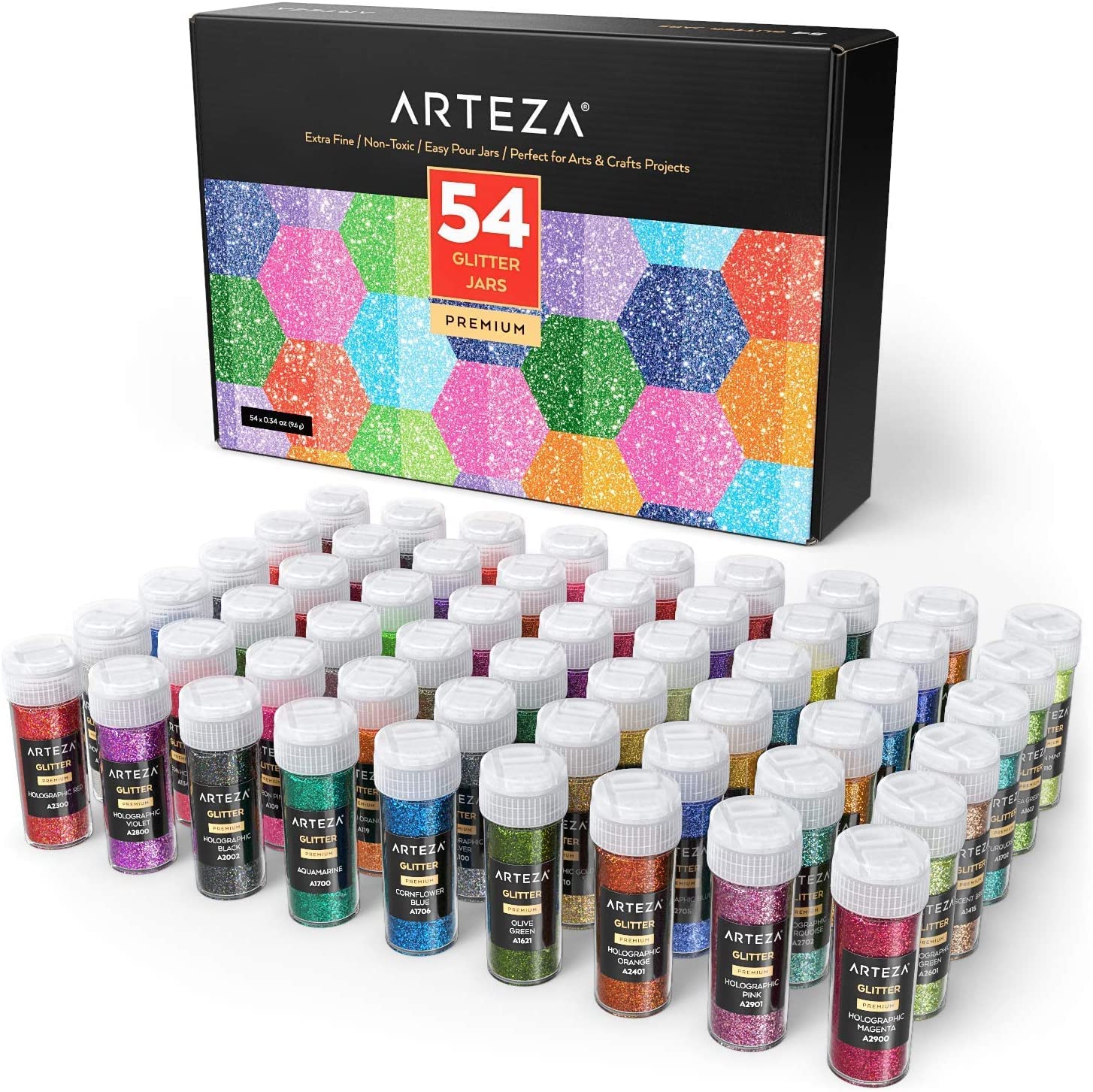 Arteza Fine Glitter Set, 48 x 8-g Shaker Jars, 30 Brilliant, 9 Neon, 8 Holographic, & 1 Glow-in-The-Dark Colour, Extra-Fine Easy-Pour Craft Glitter for Epoxy Resin and DIY Projects