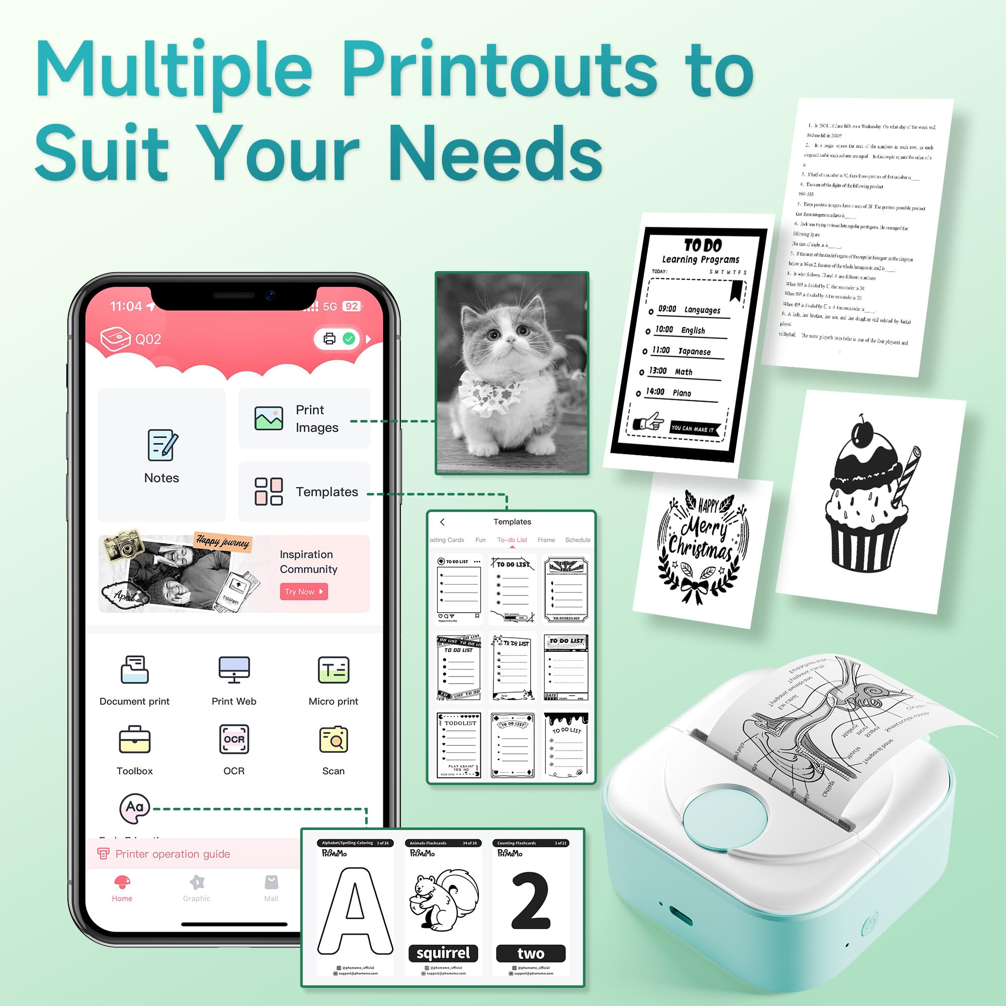 Phomemo Q02 Mini Drucker, Tiny Printer für Studium, Notizen, Bilder, Fotos, Tagebücher, Heimwerken, Sticker Drucker Kompatibel mit Telefon & Tablet, Handy Druckers mit 3 Rollen Papier, Grün 4
